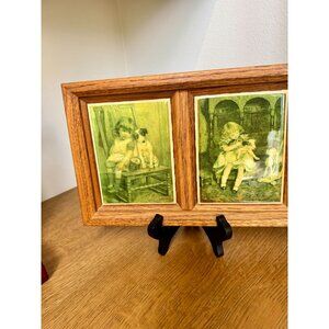 Vintage Kimberly Enterprises Double Print Ceramic Tile In Wooden Frame